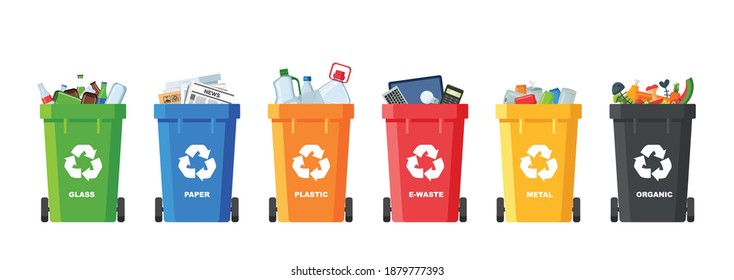 Many garbage cans with sorted garbage. Sorting garbage. Ecology and recycle concept. Trash cans isolated on white background. vector flat illustrations. - Shutterstock ID 1879777393