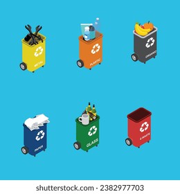 Many garbage cans with sorted garbage. Sorting garbage. Ecology and recycle isometric 3d vector illustration concept