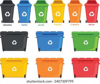 Many garbage cans with sorted garbage. Sorting garbage. Ecology  and recycle. Trash cans. Green, yellow, orange, red, blue and black recycle bins with recycle symbol isolated on white background.