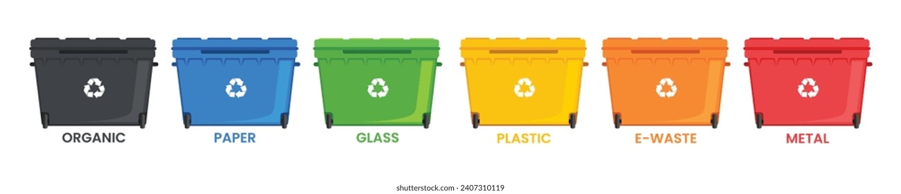 Many garbage cans with sorted garbage. Sorting garbage. Ecology  and recycle. Trash cans. Green, yellow, orange, red, blue and black recycle bins with recycle symbol isolated on white background.