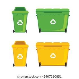 Many garbage cans with sorted garbage. Sorting garbage. Ecology  and recycle. Trash cans. Green and yellow recycle bins with recycle symbol isolated on white background.