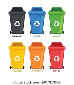 Many garbage cans with sorted garbage. Sorting garbage. Ecology  and recycle. Trash cans. Green, yellow, orange, red, blue and black recycle bins with recycle symbol isolated on white background.