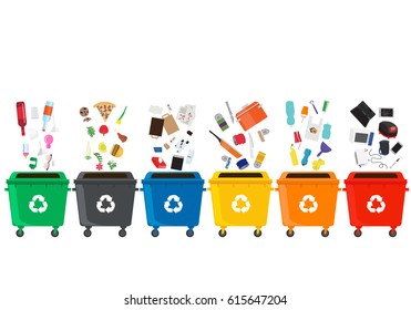 Many garbage cans with sorted garbage. Sorting garbage. Ecology and recycle concept. Trash cans isolated on white background. vector flat illustrations.