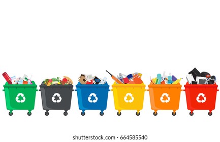 Many garbage cans with sorted garbage. Sorting garbage. Ecology and recycle concept. Trash cans isolated on white background. vector flat illustrations.