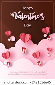 Many gift box with heart balloon floating on pink big clouds in paper cut style with Valentine's day wording and example texts on dark chocolate color background.