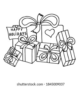 Many gift boxes are tied with ribbons. Attached to the box is a sheet with the inscription "Happy Holidays". Doodle style. Coloring for children.