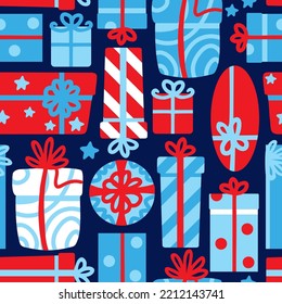 Many gifts boxes and presents on blue background. Celebration. Seamless pattern, vector.