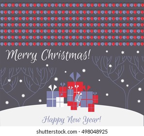 Many gifts on snow in the woods. Christmas card. Merry Christmas! Happy New Year!