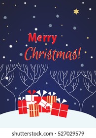Many gifts on snow in the woods. Christmas card.