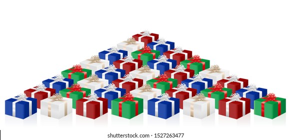 Many gifts, lot of presents, colored packages. Isolated vector illustration on white background.
