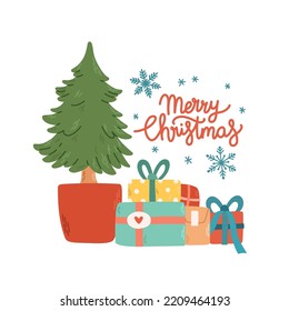 Many gifts presents under Christmas tree vector