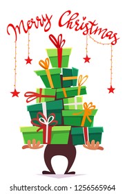 a lot many gifts stack triangle like Christmas tree form. green red white cartoon vector illustration of party invitation or print holliday greeting and garland with stars isolated on white