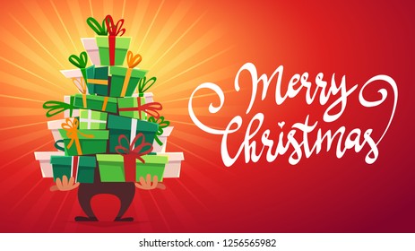 a lot many gifts stack triangle like Christmas tree form. green red white cartoon vector illustration of party invitation or print holliday greeting