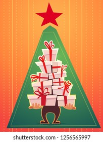 a lot many gifts stack triangle like Christmas tree form. green red white cartoon vector illustration of party invitation or print holliday greeting witk star