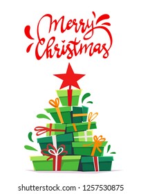 a lot many gifts stack triangle like Christmas tree form with red star . green red white cartoon vector illustration of party invitation or print holliday greeting isolated on white