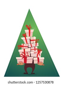 a lot many gifts stack triangle like Christmas tree form. green red white cartoon vector illustration of party invitation or print holliday greeting