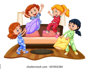 Many girls at slumber party illustration
