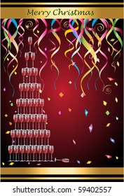 Many glasses of red wine in a triangle decoration on romantic christmas party.