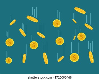 Many gold coins vector image, release gold coins isolated on a green background