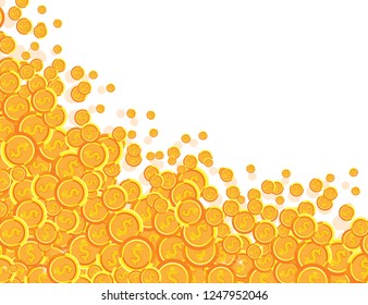 Many gold dollar coins, vector illustration isolated on white background, pattern with many coins