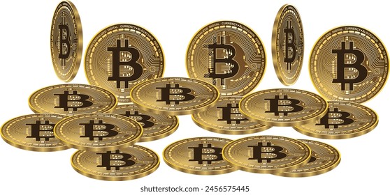 Many Golden Bitcoins illustration 3D