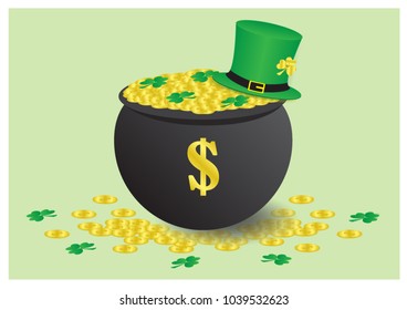 Many golden coins in a big pot and drop on ground with shamrock plant and green top hat put on a pot and coins isolate on light green background in vector design.