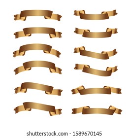 Many golden ribbon banners Placed on a white background