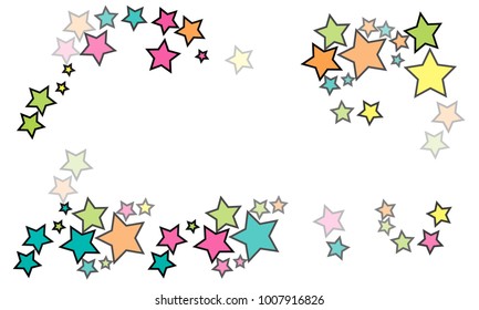 Many Good Looking Pink, Orange and Green Stars of Different Size and Opacity on White Background
