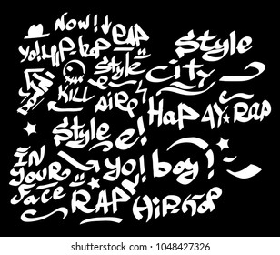 Many graffiti tags on a black background. Vector art.