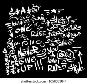 Many graffiti tags on a black background. Vector art.
