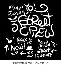 Many graffiti tags on a black background. Vector art.