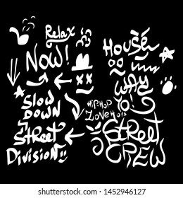 Many graffiti tags on a black background. Vector art.