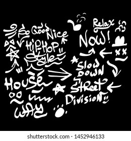 Many graffiti tags on a black background. Vector art.