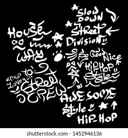 Many graffiti tags on a black background. Vector art.