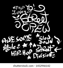 Many graffiti tags on a black background. Vector art.