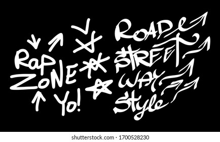 Many graffiti tags on a black background. Vector art.