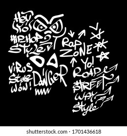 Many graffiti tags on a black background. Vector art.