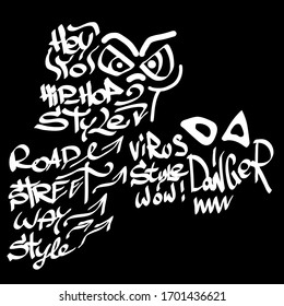 Many graffiti tags on a black background. Vector art.