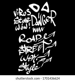 Many graffiti tags on a black background. Vector art.