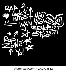 Many graffiti tags on a black background. Vector art.