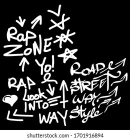 Many graffiti tags on a black background. Vector art.
