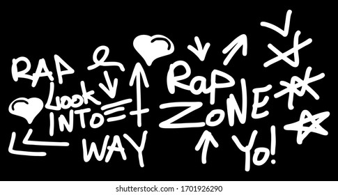 Many graffiti tags on a black background. Vector art.