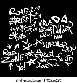 Many graffiti tags on a black background. Vector art.
