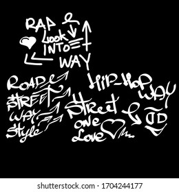 Many graffiti tags on a black background. Vector art.