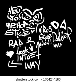 Many graffiti tags on a black background. Vector art.