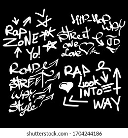 Many graffiti tags on a black background. Vector art.