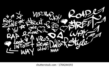 Many graffiti tags on a black background. Vector art.