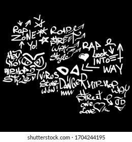 Many graffiti tags on a black background. Vector art.