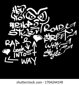 Many graffiti tags on a black background. Vector art.