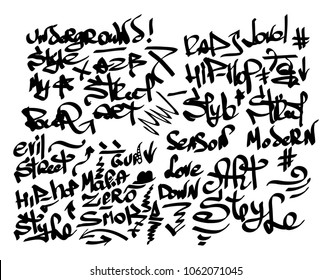 Many graffiti tags on a white background. Vector art.